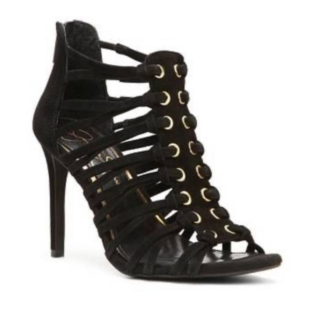 Jessica Simpson Farrowh Black Suede Caged Heels 7.5